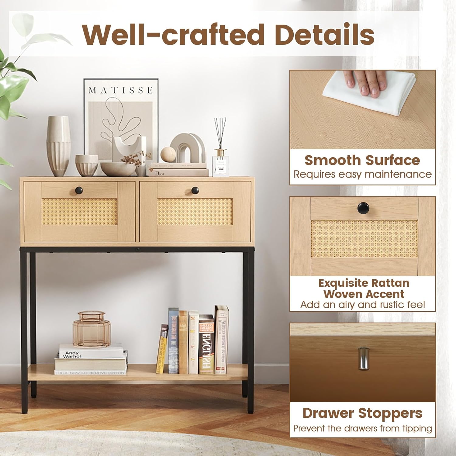 GOFLAME Rattan Console Table, Boho Entryway Table with 2 Drawers & Open Storage Shelf, Narrow Long Sofa Table with Metal Legs, Foyer Table Behind Couch Table for Living Room, Hallway, Natural