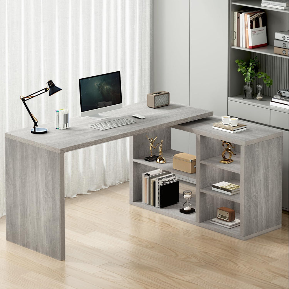 HSH L Shaped Corner Desk, Reversible Computer Desk, Light Grey, 55 Inch