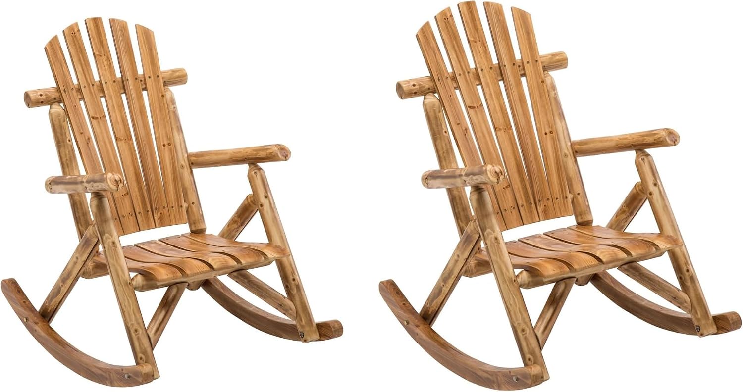 DJL Outdoor Rocking Chairs Set of 2 Wooden Rocker Outside Patio Lawn Log Furniture Living Room Porch Comfy Beach Balcony, Heavy Duty, Lightly Toasted