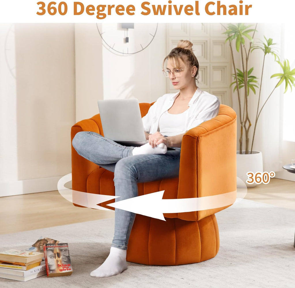 Swivel Accent Barrel Chair, Cute Comfy Small Round 360° Arm Chair, Velvet Sofa Club Reading Chair for Living Room, Bedroom, Office, Orange