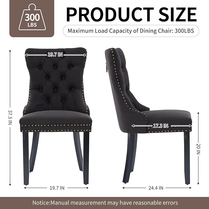Black Dining Chairs Set of 2, Upholstered Tufted Linen Fabric Dining Room Cha...
