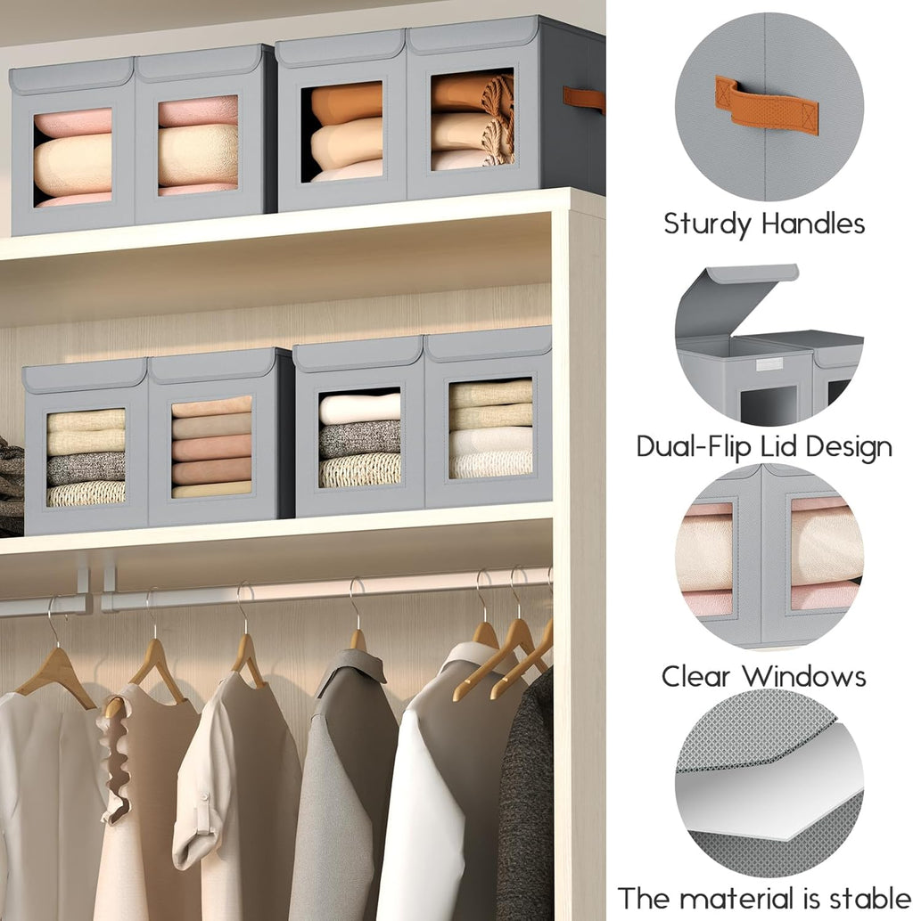 Large Closet Storage Bins - Collapsible Divided Clothes Organizer with Lids & Dual Window, Fabric Organizing Bins for Clothes, Sweater, Toys, Bedroom, Office (Grey, 4 Pack)
