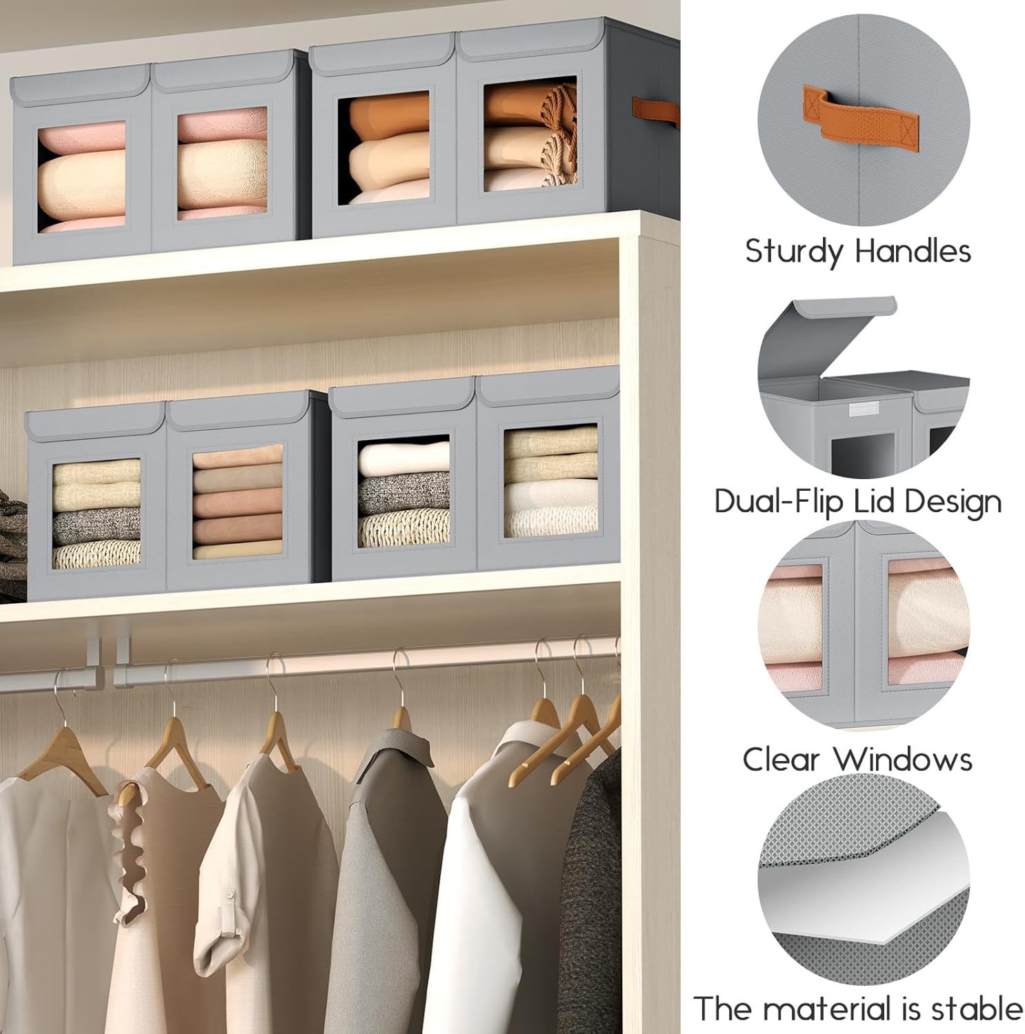 Large Closet Storage Bins - Collapsible Divided Clothes Organizer with Lids & Dual Window, Fabric Organizing Bins for Clothes, Sweater, Toys, Bedroom, Office (Grey, 4 Pack)
