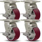 SY America 4" X 2" Casters Wheels,Heavy Duty Casters Set of 4，Polyurethane on Aluminum Wheels,4 Swivel w/Top Lock Brake Casters,3200 LBS Load Capacity