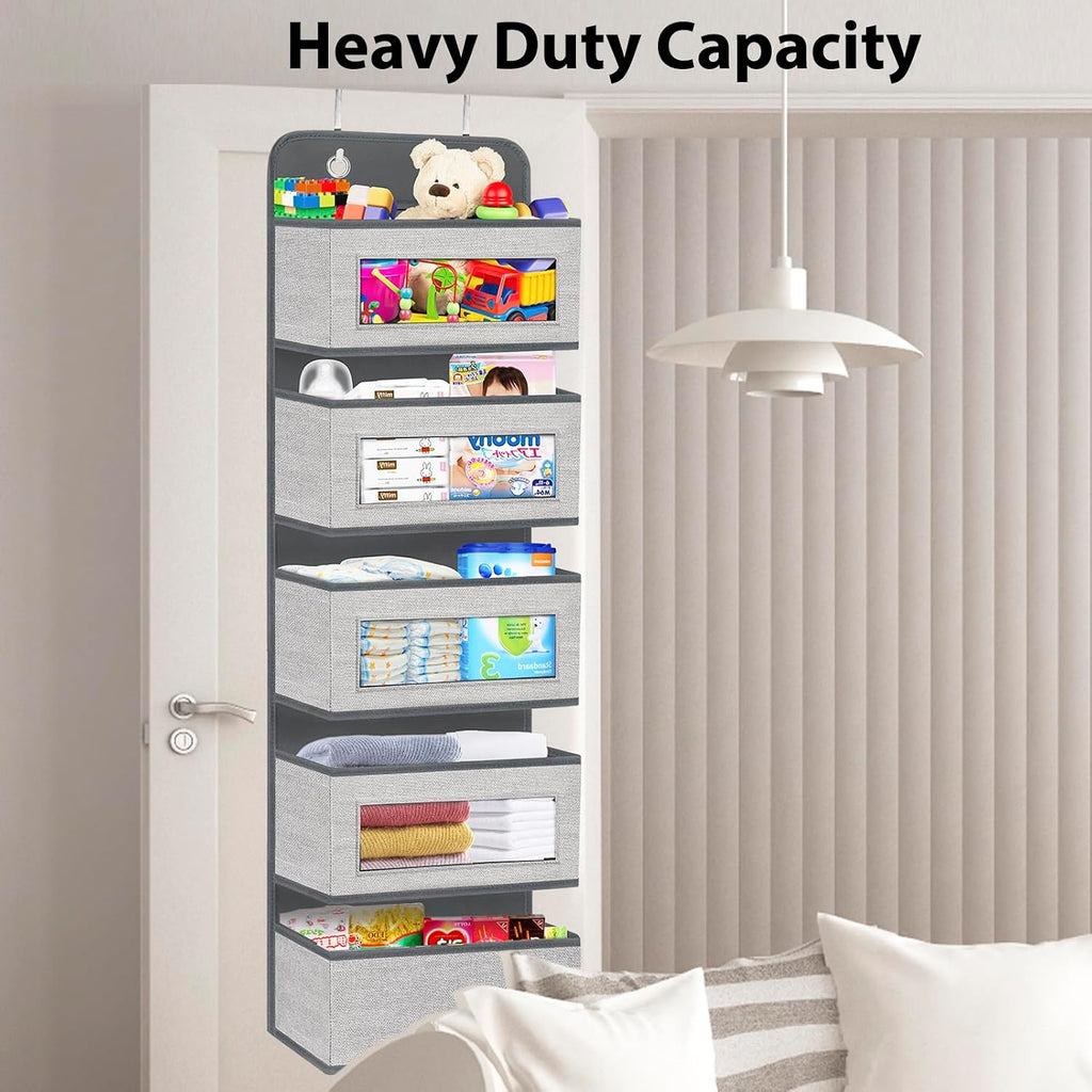 2 Pack Over the Door Hanging Organizer with 5 Large Pocket and Clear Window, Sturdy Over the Door Storage Organizer for Closet, Pantry, Bathroom,Bedroom, Nursery, Dorm (Grey)