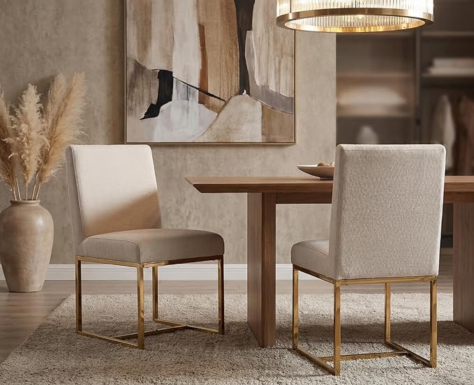 CIMOTA Modern Dining Chairs Set of 2, Upholstered Dining Room Chairs Armless Guest Side Chair with Gold Base for Dining Room/Kitchen, Beige, 2PCS