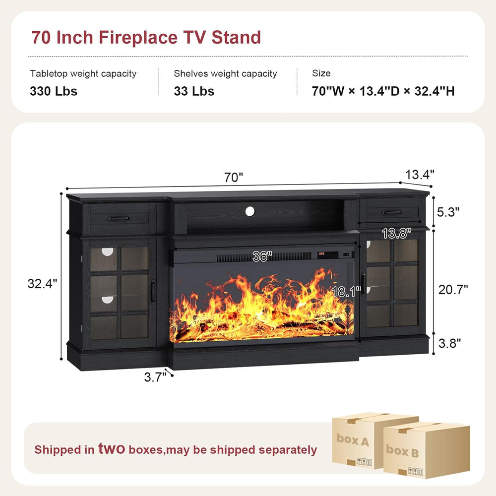 oneinmil 70" Fireplace TV Stand with 3-Sided Glass Fireplace, Modern Woo...