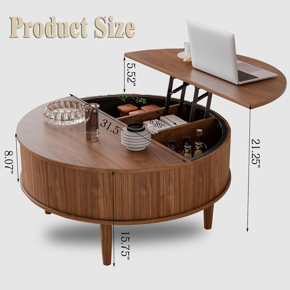 Round Fluted Lift Top Coffee Table with Storage, Mid Century Modern Coffee Ta...