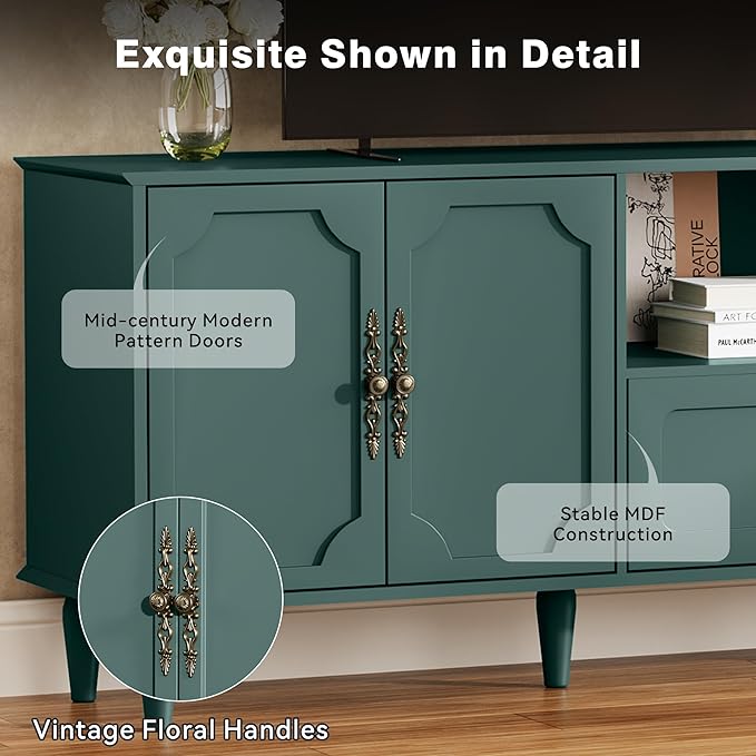 Mid-Century Modern TV Stand for 75+ inch TVs, 67" Entertainment Center with Storage Drawer, Long Media Console with Adjustable Shelves, Wood TV Cabinet for Living Room, Bedroom, Green
