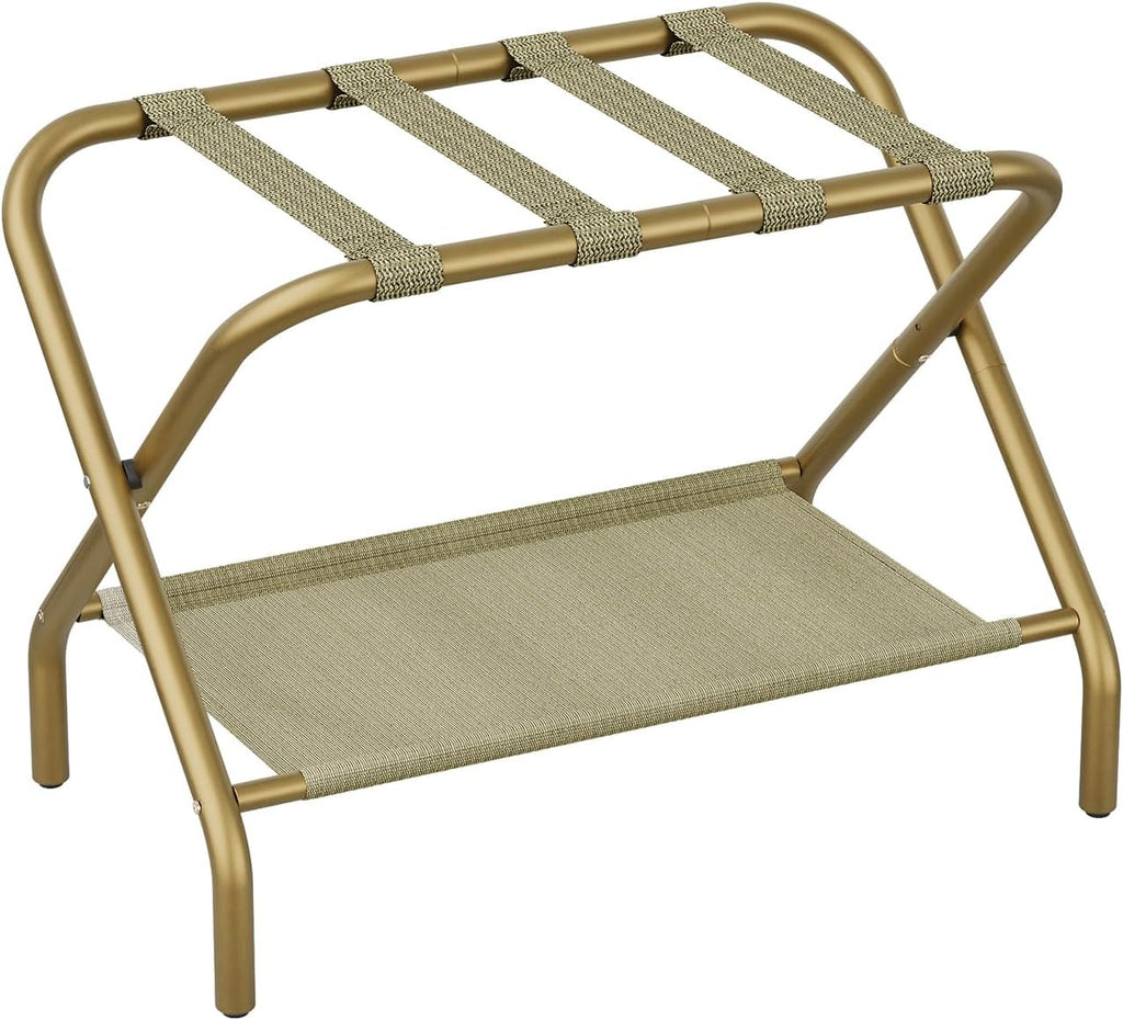 Smart FENDEE Luggage Rack for Guest Room, Folding Suitcase Stand with Shoe Shelf, Easy Assembly, Portable, Hold up to 110 lb, Gold, 1 Pack