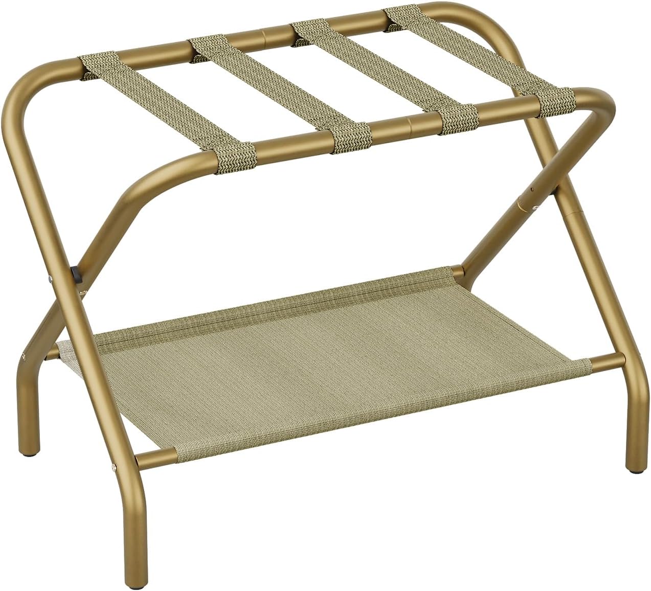 Smart FENDEE Luggage Rack for Guest Room, Folding Suitcase Stand with Shoe Shelf, Easy Assembly, Portable, Hold up to 110 lb, Gold, 1 Pack