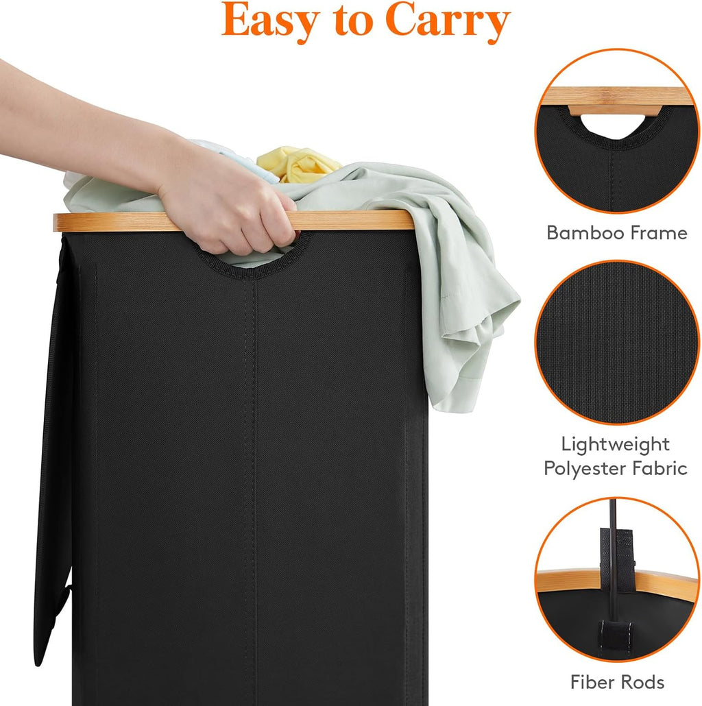 Lifewit 80L Laundry Basket with Lid, Clothes Hampers with Bamboo Handles and A Removable Laundry Bag, Large Foldable Hamper for Bedroom, Bathroom, Dorm, LaundryRoom, Black