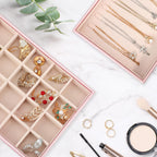 Voova Stackable Jewelry Organizer Tray with Lid, PU Leather Jewelry Storage Holder for Drawer Inserts, Jewellery Display Box Case for Earring Necklace Ring Watch Bracelet (Set of 4, Rose Gold)