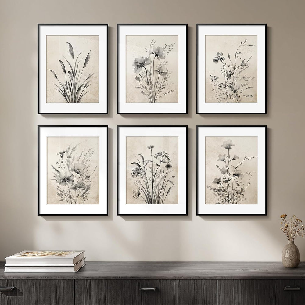 Framed Vintage Black and White Boho Botanical Wall Art, 6 Piece 11x14 In