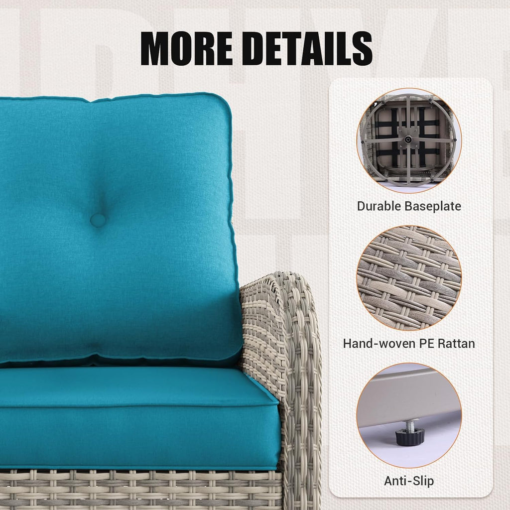 Outdoor Patio Furniture Set Patio Rocking Swivel Chair with Ottomans Outdoor Wicker Rattan Bistro Set with Tempered Glass Side Table for Garden, Deck, and Balcony, Turquoise