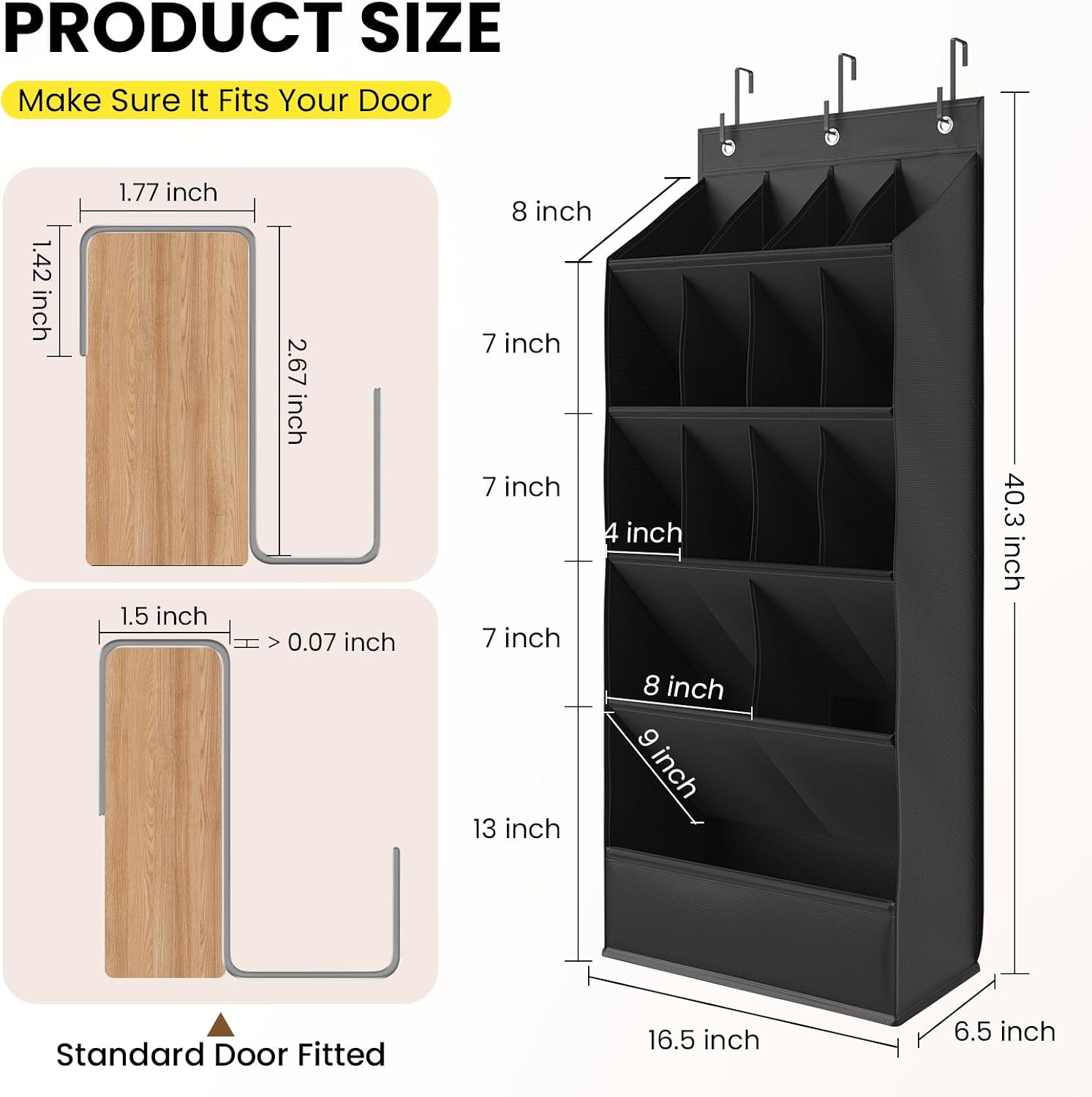 Mefirt Over the Door Shoe Rack for Closet Fit 18+ Pairs, Door Shoe Organizer with Large Breathable Pockets, Hanging Shoes Rack Fit Boots, Behind the Door Shoe Holder for Categorized Storage, Black