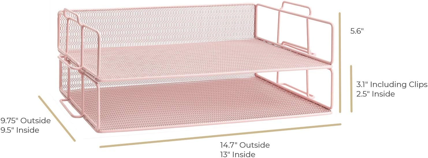 BLU MONACO Pink Mesh Paper Tray – Set of 2 Stackable Letter Trays – Durable Metal Desk Organizer for Home, Office & School – Stylish Document Holder, File Storage, and Workspace Organizer