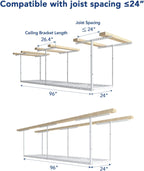 FLEXIMOUNTS 2x8 Overhead Garage Storage Rack,Adjustable Storage Organization System,Heavy Duty Metal Garage Ceiling Storage Racks,400lbs Weight Capacity,White, Classic Series