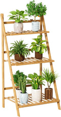 Bamboo Ladder Plant Shelf, 3 Tier Foldable Flower Pot Display Rack, Indoor Outdoor Balcony Decor, Freestanding Plant Organizer for Home Patio Lawn Garden Wooden