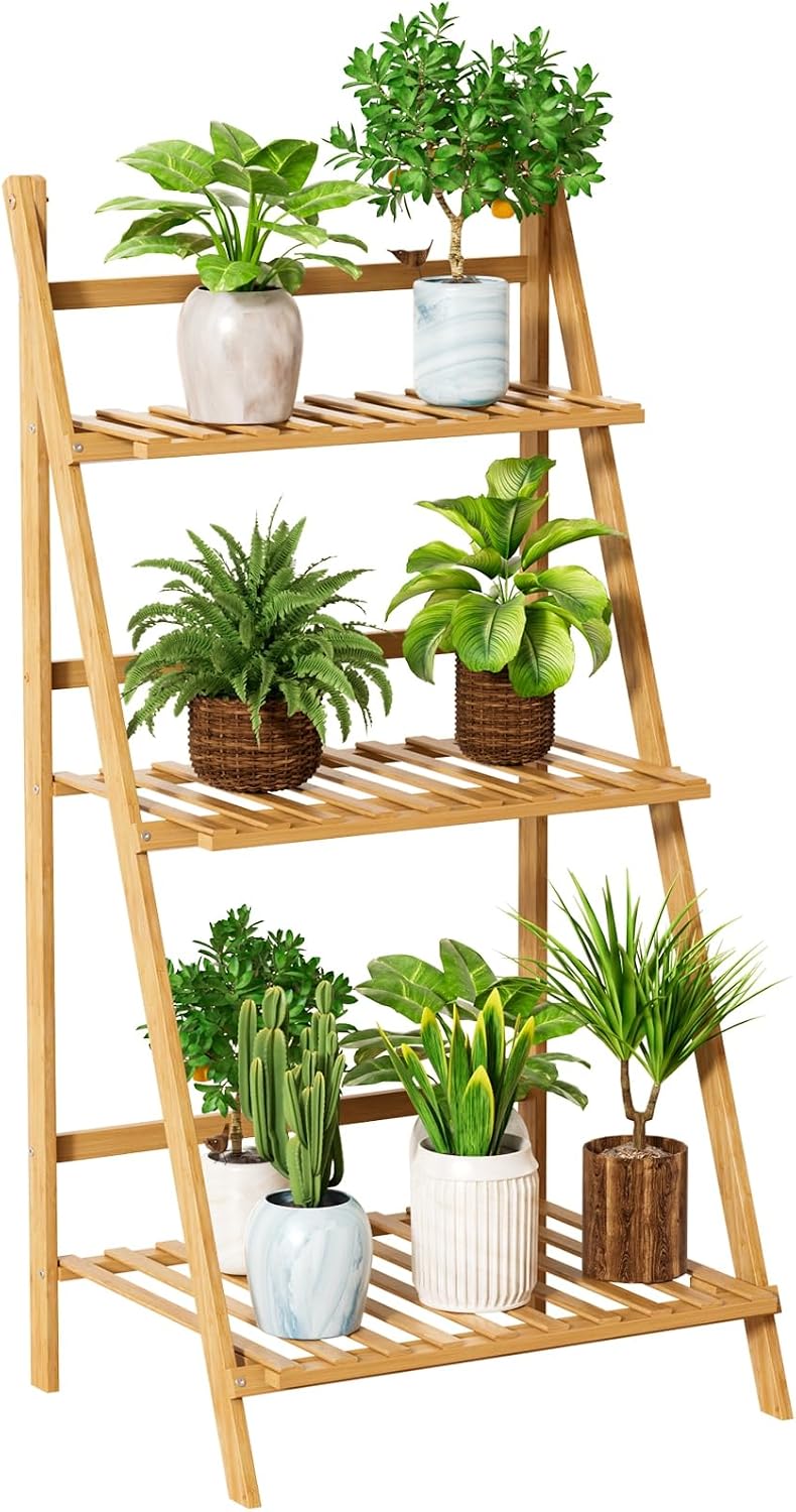 Bamboo Ladder Plant Shelf, 3 Tier Foldable Flower Pot Display Rack, Indoor Outdoor Balcony Decor, Freestanding Plant Organizer for Home Patio Lawn Garden Wooden