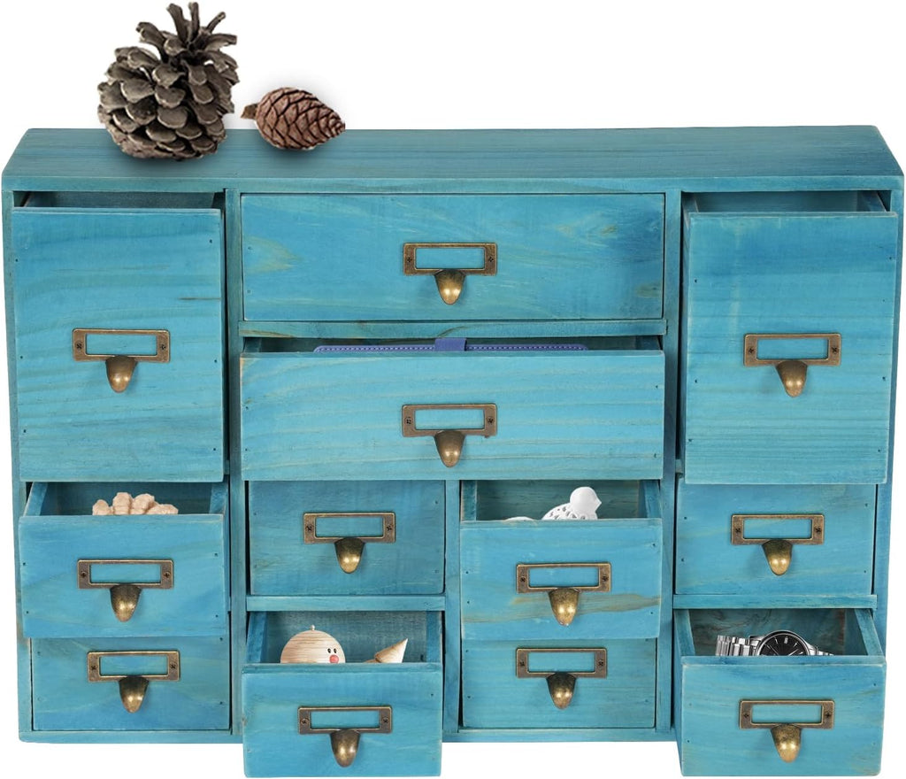 12-Drawer Wooden Storage Cabinet Organizer, Apothecary Cabinet Vintage Library Card Catalog Cabinets for Countertop Apothecary Tea Coffee Pod Storage (Blue)