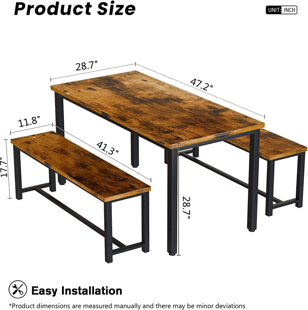 Dining Room Table Set with 2 Benches, Farmhouse Dining Table Set for 4-6, Woo...