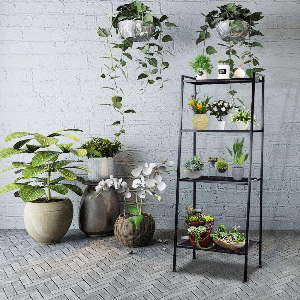 Yescom 4 Tier Metal Ladder Shelf Bookshelf Bookcase Leaning Storage Rack A Frame Corner Display Plant Vertical Black
