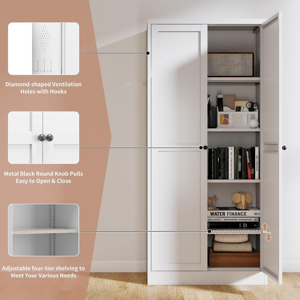 61" White Metal Kitchen Pantry Cabinet Adjustable Storage with 4 Shelves...