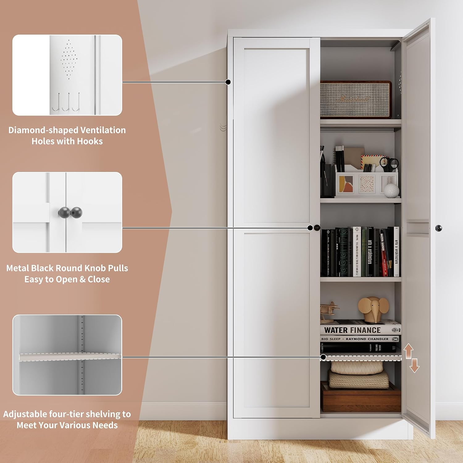 61" Kitchen Pantry Cabinet with 4 Adjustable Shelves - Heavy Duty Freestanding Storage Cabinet for Kitchen, Pantry & Living Room - Tool-Free Assembly, Durable Metal Frame, Space-Saving Design(White)