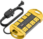 CCCEI GFCI Outdoor Power Strip Weatherproof with 8 AC, Waterproof Extension Cord with Multiple Outlets, Wall Mount Surge Protector Flat Plug, Christmas Exterior Garden, Yard, 25FT, Yellow.