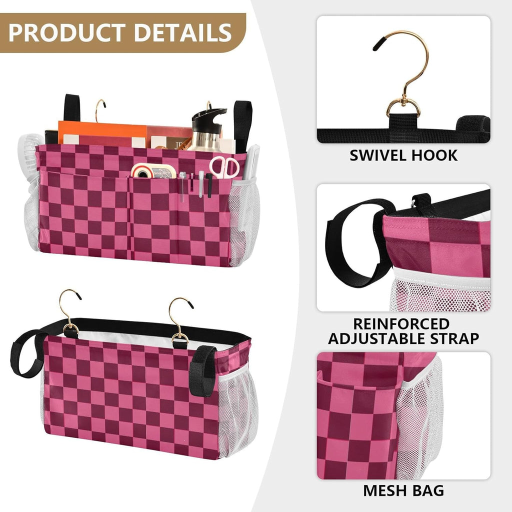Checkered Hot Pink Bedside Caddy for Dorm Bed Bedside Hanging Caddy Bag Iron Frame Storage Organizer Pocket for Bunk Home College Hospital Beds 2 Hooks