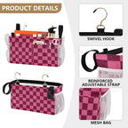 Checkered Hot Pink Bedside Caddy for Dorm Bed Bedside Hanging Caddy Bag Iron Frame Storage Organizer Pocket for Bunk Home College Hospital Beds 2 Hooks