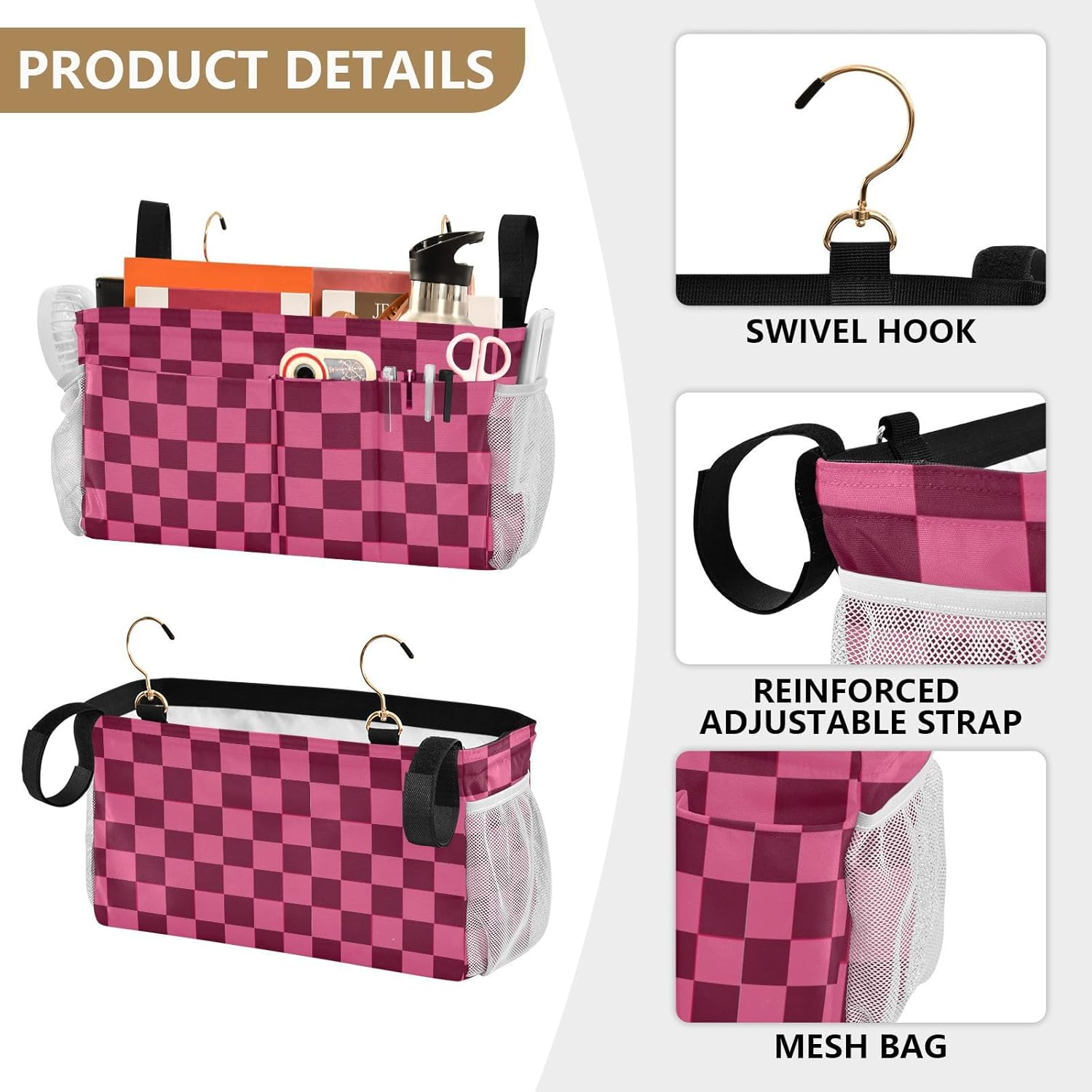 Checkered Hot Pink Bedside Caddy for Dorm Bed Bedside Hanging Caddy Bag Iron Frame Storage Organizer Pocket for Bunk Home College Hospital Beds 2 Hooks