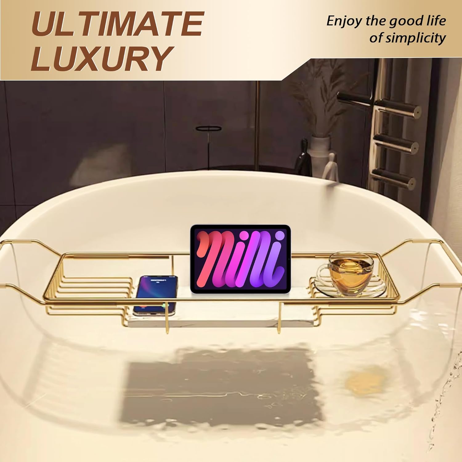 BVL Bathtub Tray Stainless Steel with Marble Base Gold Bathtub Tray with White Marble Base Adjustable & Rustproof Bath Caddy for Spa, Relaxation, Bath Bombs