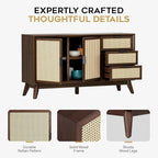 Bme Rattan Pre-Assembled Buffet Sideboard with 3 Drawers & 2 Doors, 58" Accent Console Table Living Room, Kitchen, Dining, Walnut, Jasper Storage Cabinet