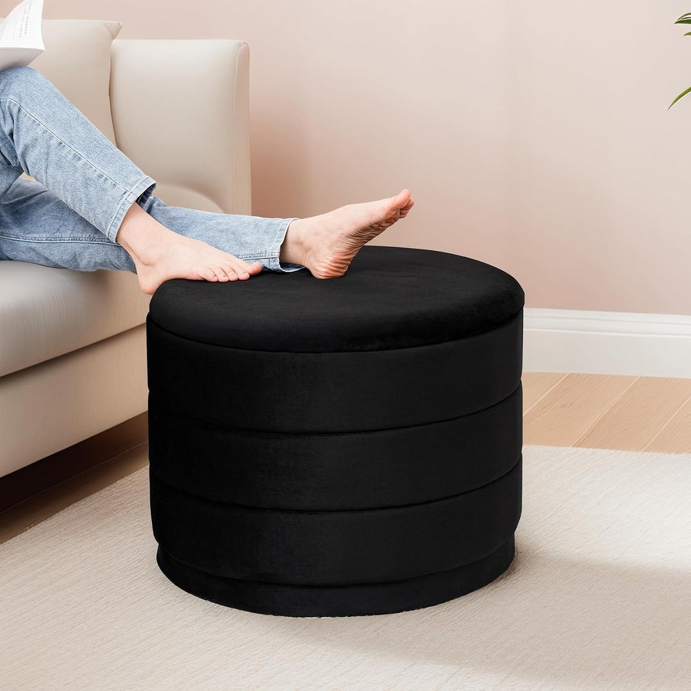 23" Round Velvet Storage Ottoman with Tray | Upholstered Folding Foot Re...