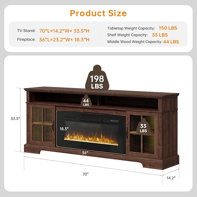 70" TV Stand with Electric Fireplace, Modern Entertainment Center for TVs Up to 80 Inches, Farmhouse Media Console with Storage Cabinets & Doors for Living Room, Brown and Black