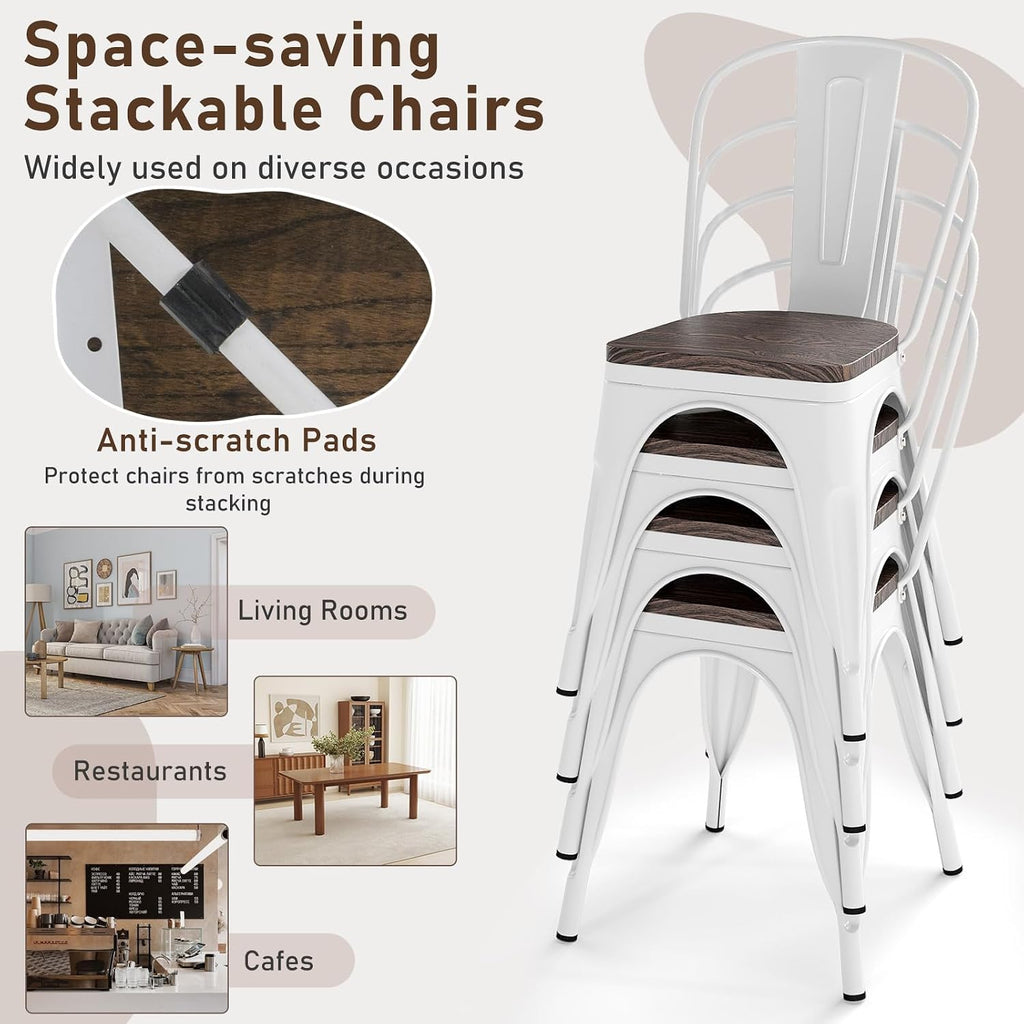 COSTWAY Stackable Metal Dining Chairs Set of 4 with Wood Seat and High Back | White, Industrial Vintage Style, Elm Wood Seat Board, 18 Inch, for Dining Room, Kitchen, Bar, Cafe, Bistro, Restaurant