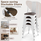 COSTWAY Stackable Metal Dining Chairs Set of 4 with Wood Seat and High Back | White, Industrial Vintage Style, Elm Wood Seat Board, 18 Inch, for Dining Room, Kitchen, Bar, Cafe, Bistro, Restaurant