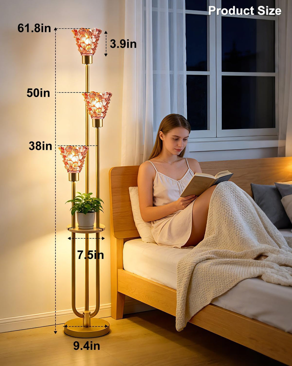 Glass Floor Lamp with Shelf, 63IN Mid Century Modern Gold Floor Lamps with 3 ...