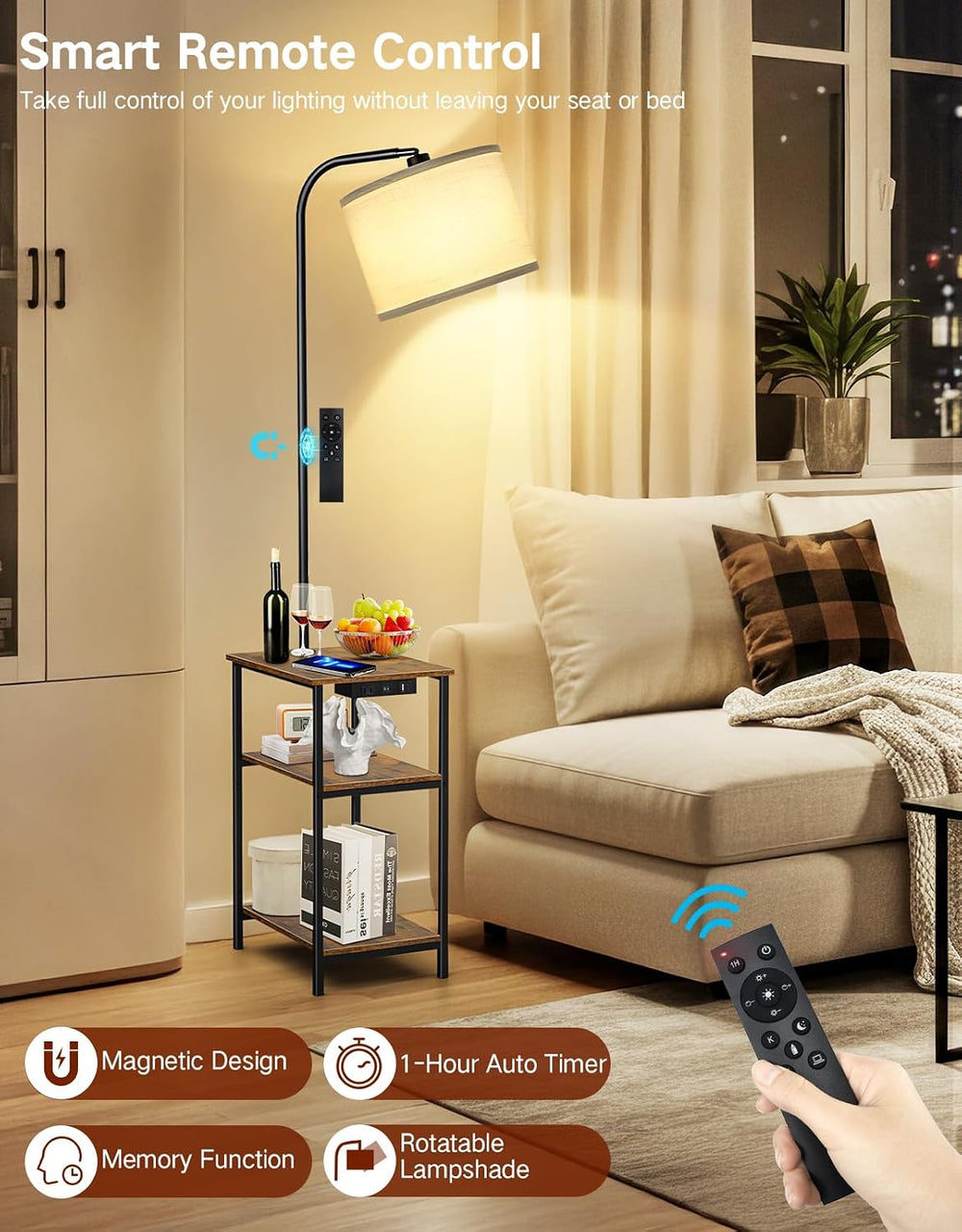 Floor Lamp with Table & Remote, Side End Table with Charging Station, Dim...