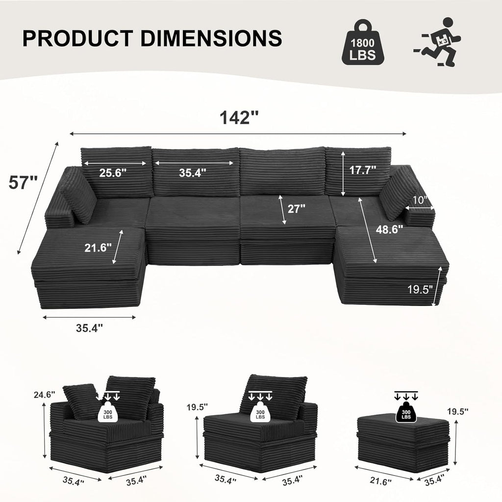 142'' Modular Sectional Sofa, Deep Seat Boneless Couch with Storage | Oversized High-Back for Living Room & RV | With Ottoman | High Density Foam & Corduroy | Tool-Free Assembly | Cozy Dark Gray