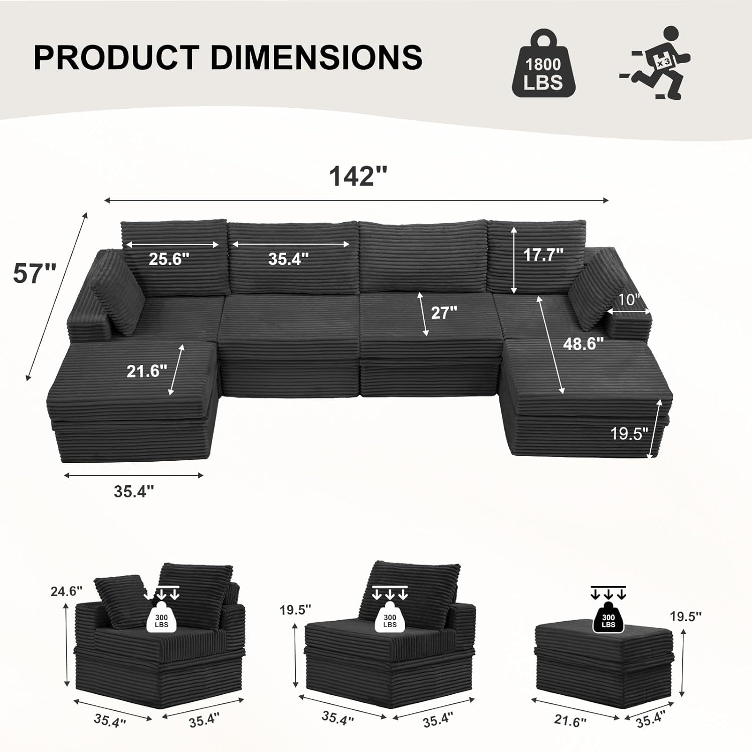 142'' Modular Sectional Sofa, Deep Seat Boneless Couch with Storage | Oversized High-Back for Living Room & RV | With Ottoman | High Density Foam & Corduroy | Tool-Free Assembly | Cozy Dark Gray