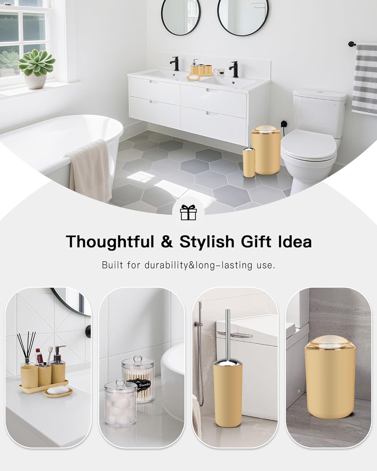 IMAVO Bathroom Accessories Set,Yellow Bathroom Set,9 Pieces Bathroom Accessory Set,Tray,Qtip Holders,Toilet Brush,Trash Can for Bathroom Décor and Home Gifts