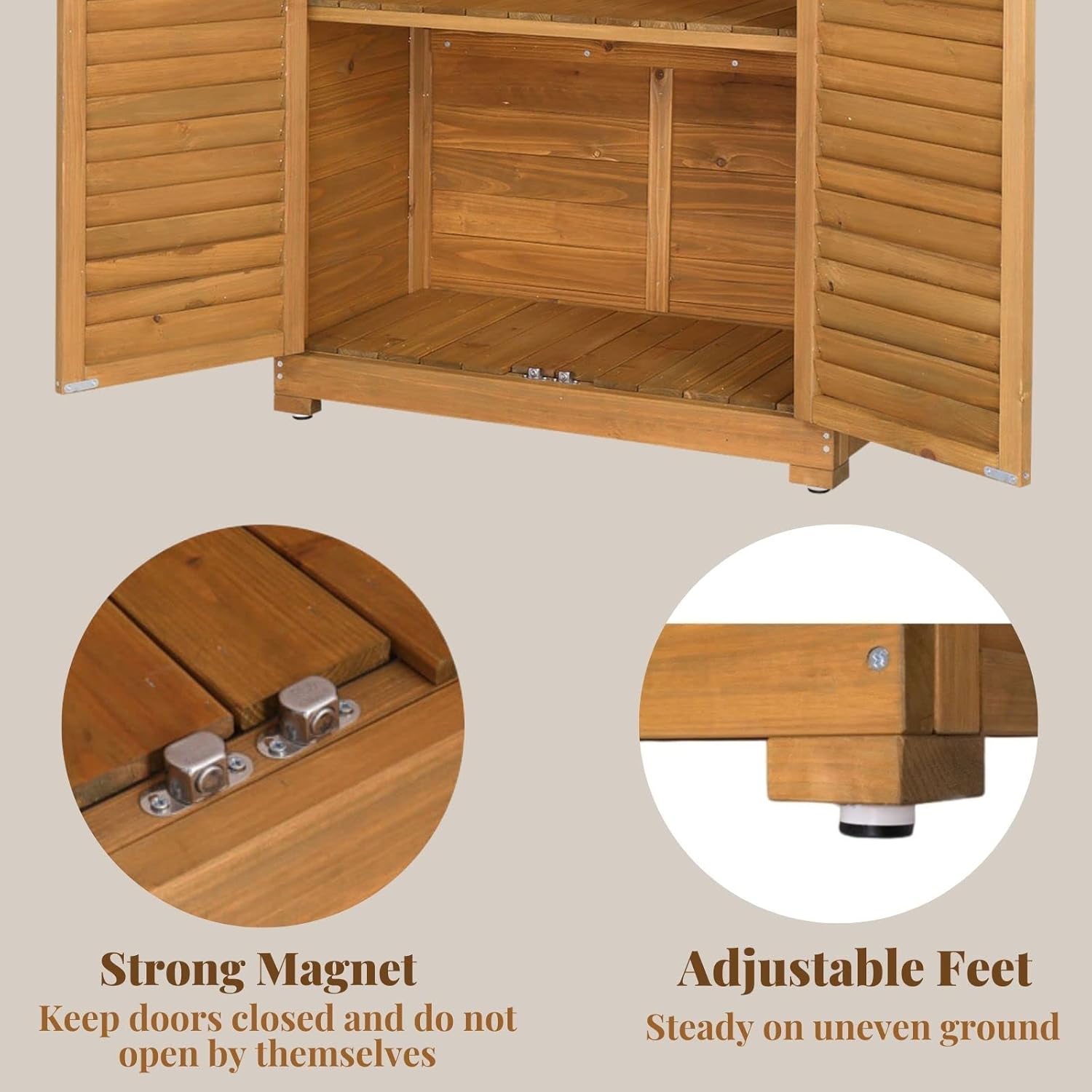Outvita Outdoor Storage Cabinet, 63in Wooden Garden Tools Shed with 2 Lockable Doors, 3 Adjustable Shelves, Waterproof Roof for Yard Garge Patio Deck Porch, Natural