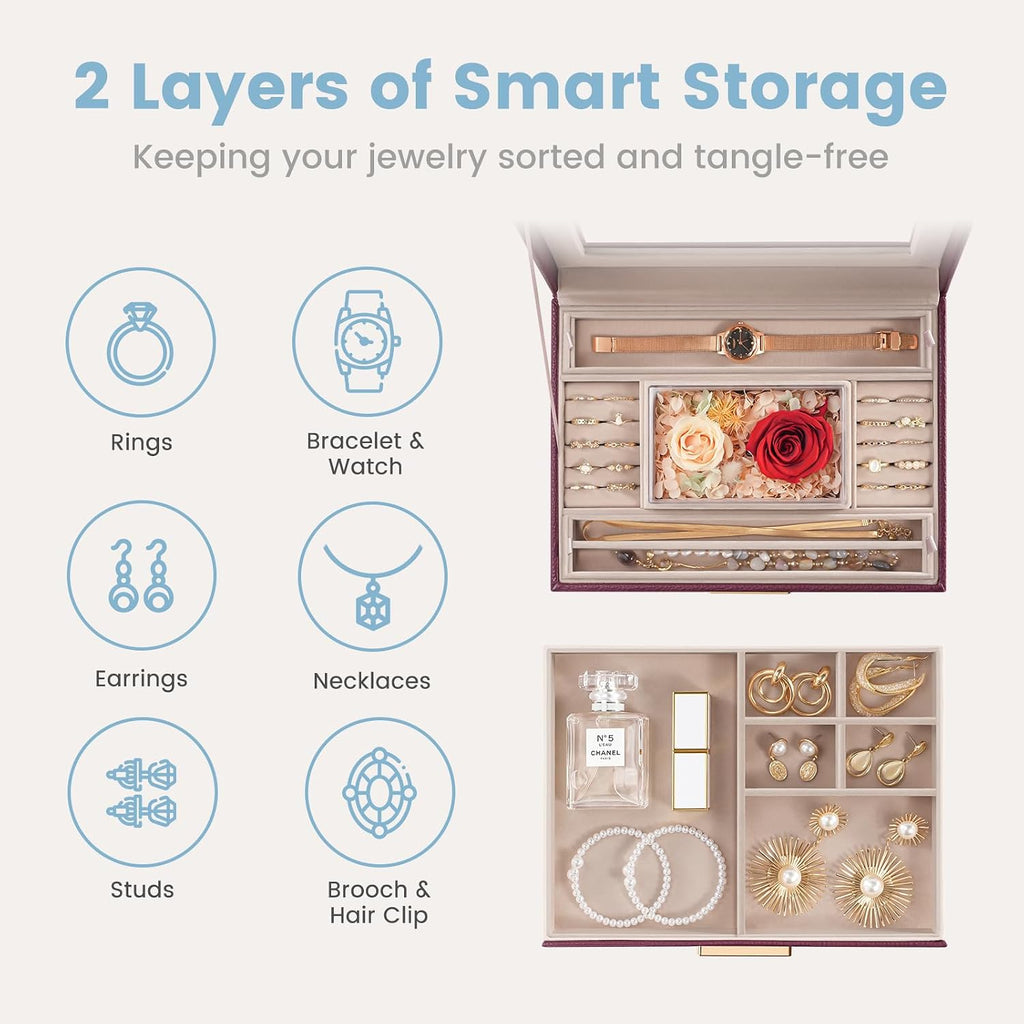 Lolalet Jewelry Organizer with Glass Lid, 2-Layer Jewelry Box Case with Drawer, Earrings Watch Ring Display Storage -Wine Red
