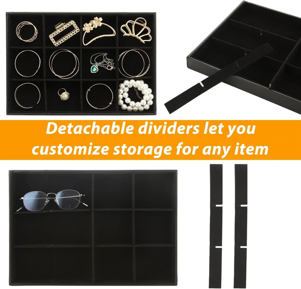 STARVAST 3 Pcs Stackable Velvet Jewelry Organizer Trays, 12 Grids Jewelry Organizers and Display Case Storage for Earrings Bracelets Necklace Rings, Jewelry Trays Drawer Insert