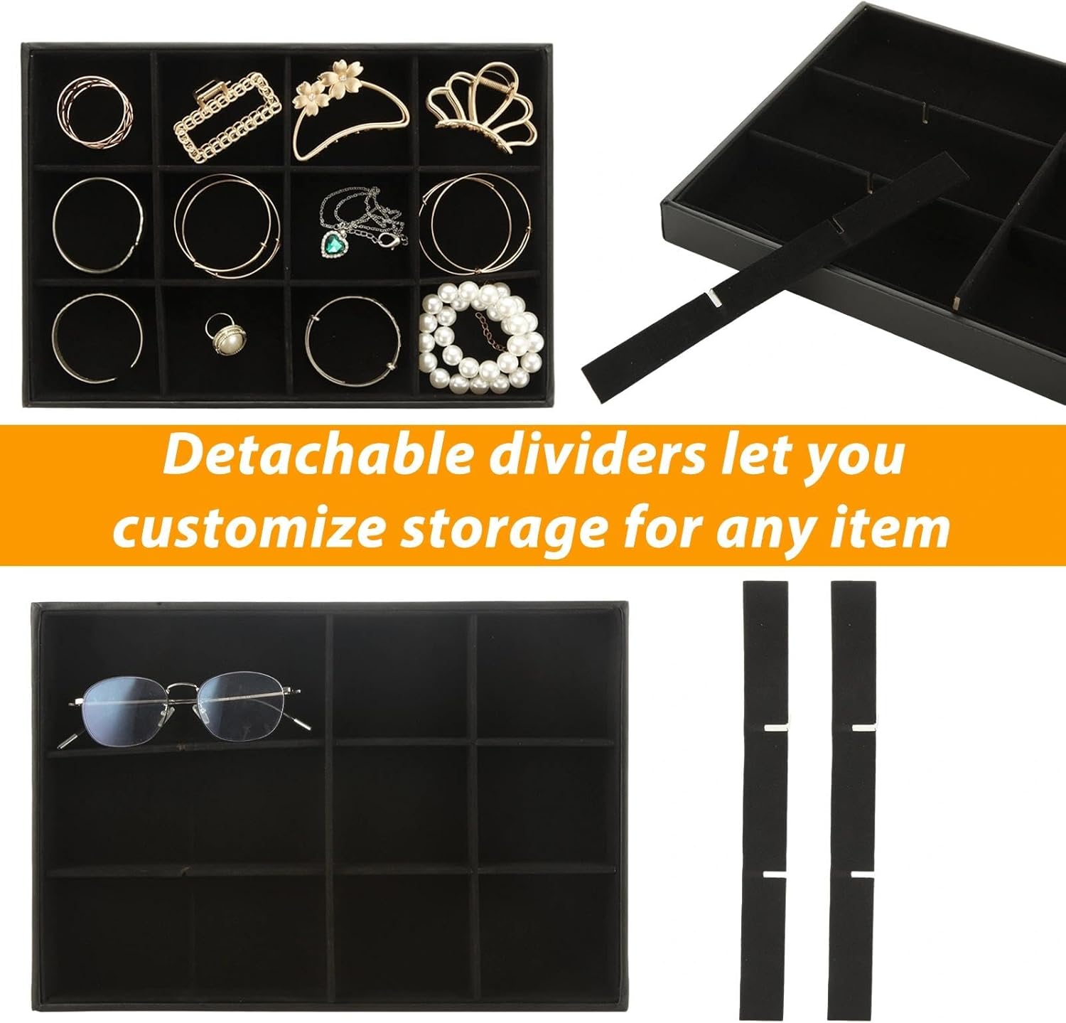 STARVAST 3 Pcs Stackable Velvet Jewelry Organizer Trays, 12 Grids Jewelry Organizers and Display Case Storage for Earrings Bracelets Necklace Rings, Jewelry Trays Drawer Insert