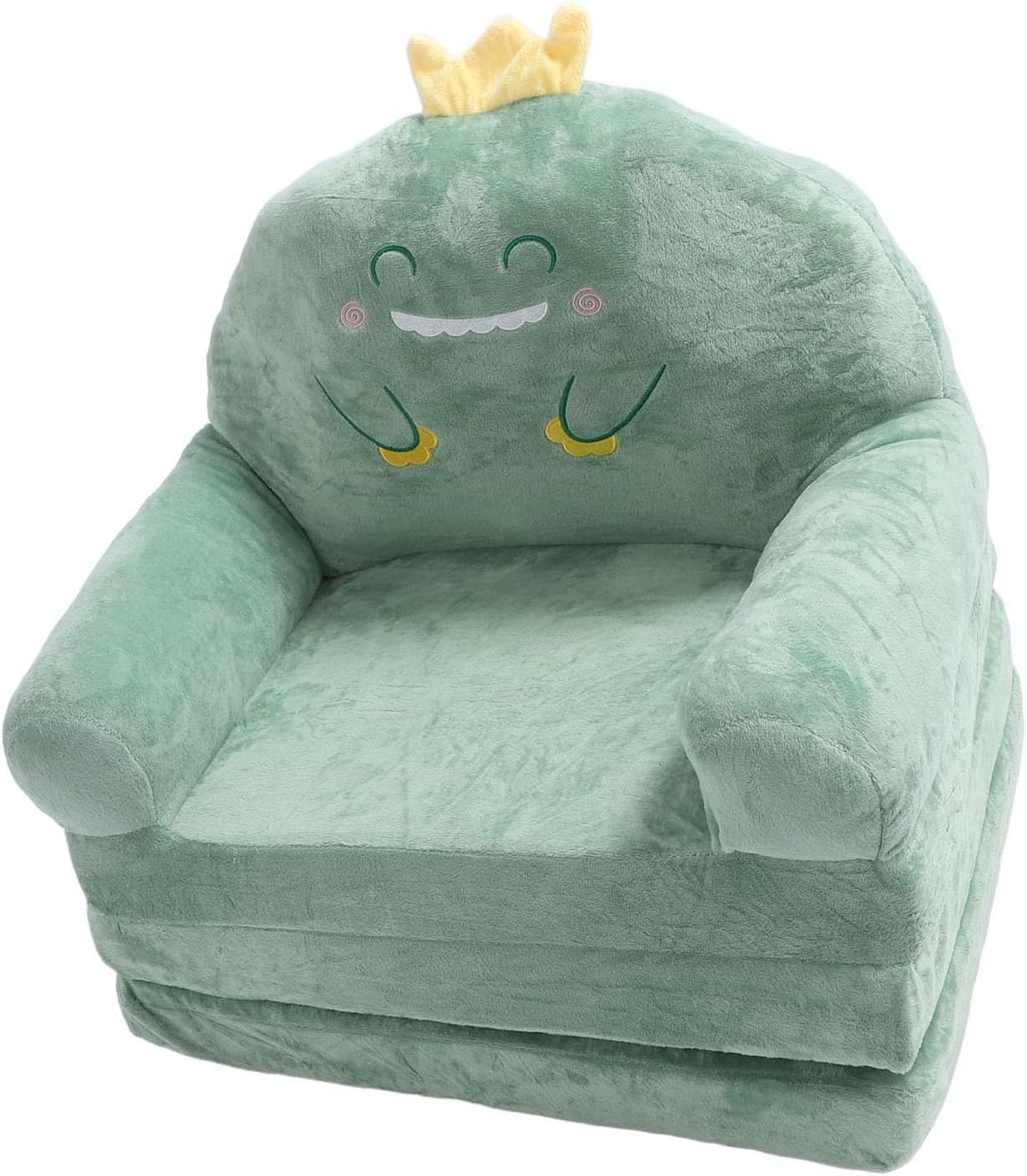 Green Cartoon Dinosaur Folding Chair for Children Sofa Soft Handle Wide Comfortable Support for Reading Playing Fabrics Sponge (Folding in Thirds)