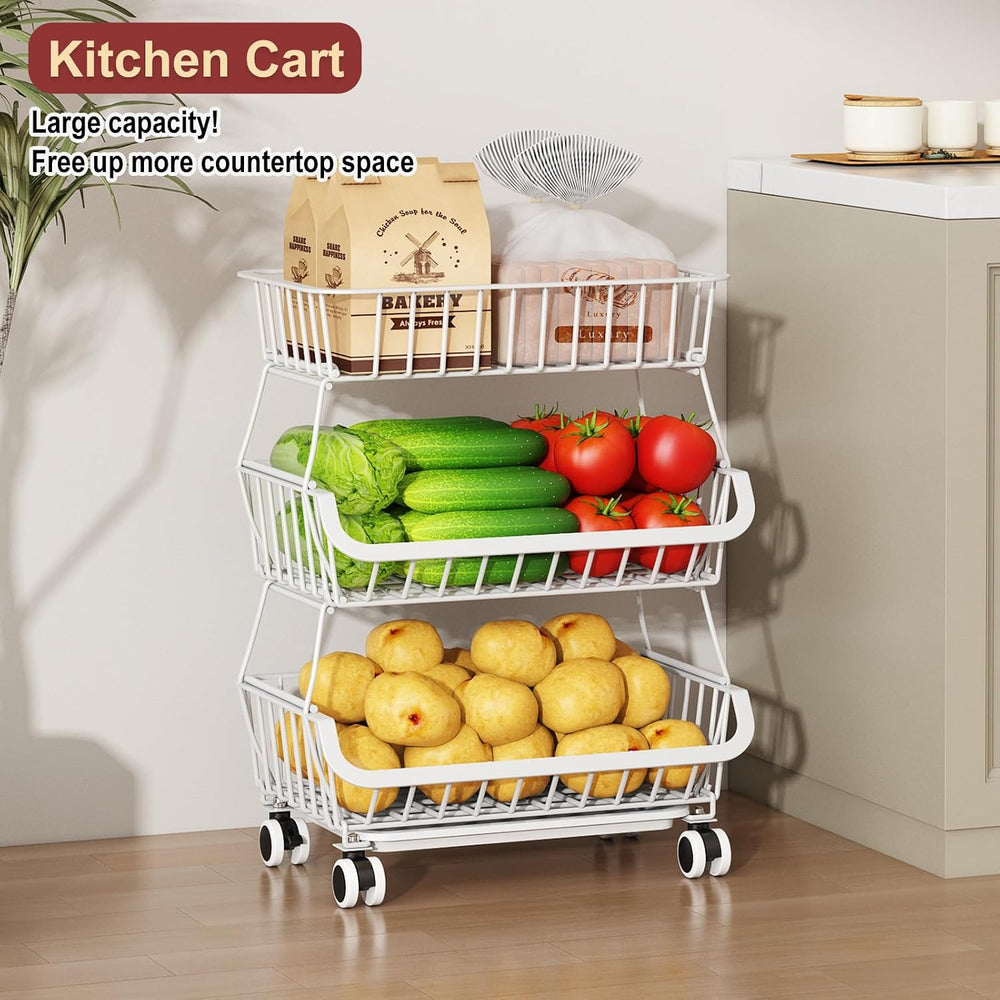 3-Tier Rolling Pantry Cart with Wheels, Stackable Wire Storage Floor Organize...